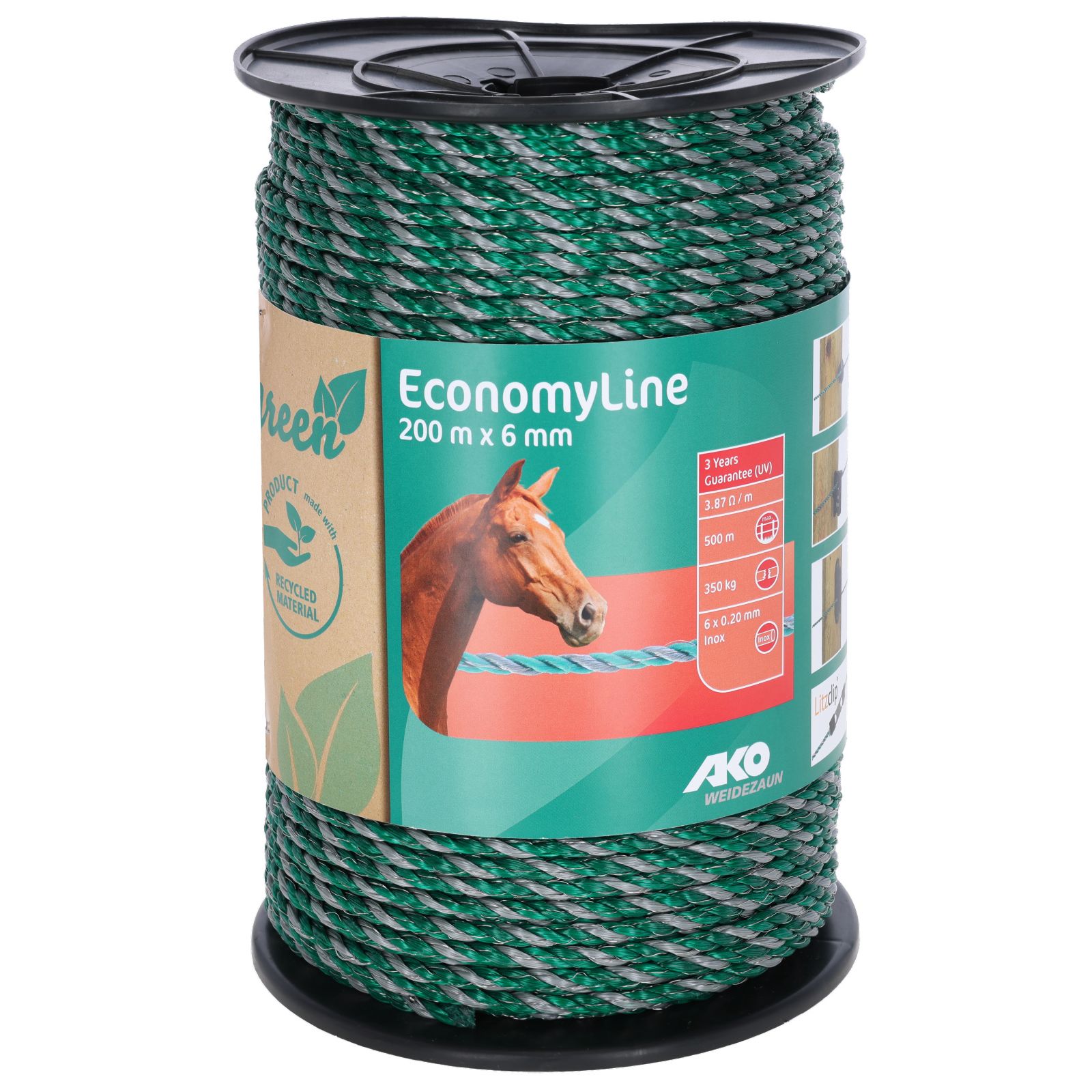 EconomyLine rep 6mm,  200 m recycling - Grönt elstängselrep av återvunnet plastmaterial