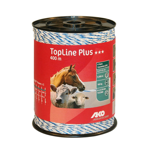 AKO polytråd TopLine Plus 400 m vit/blå. En eltråd för stängsel